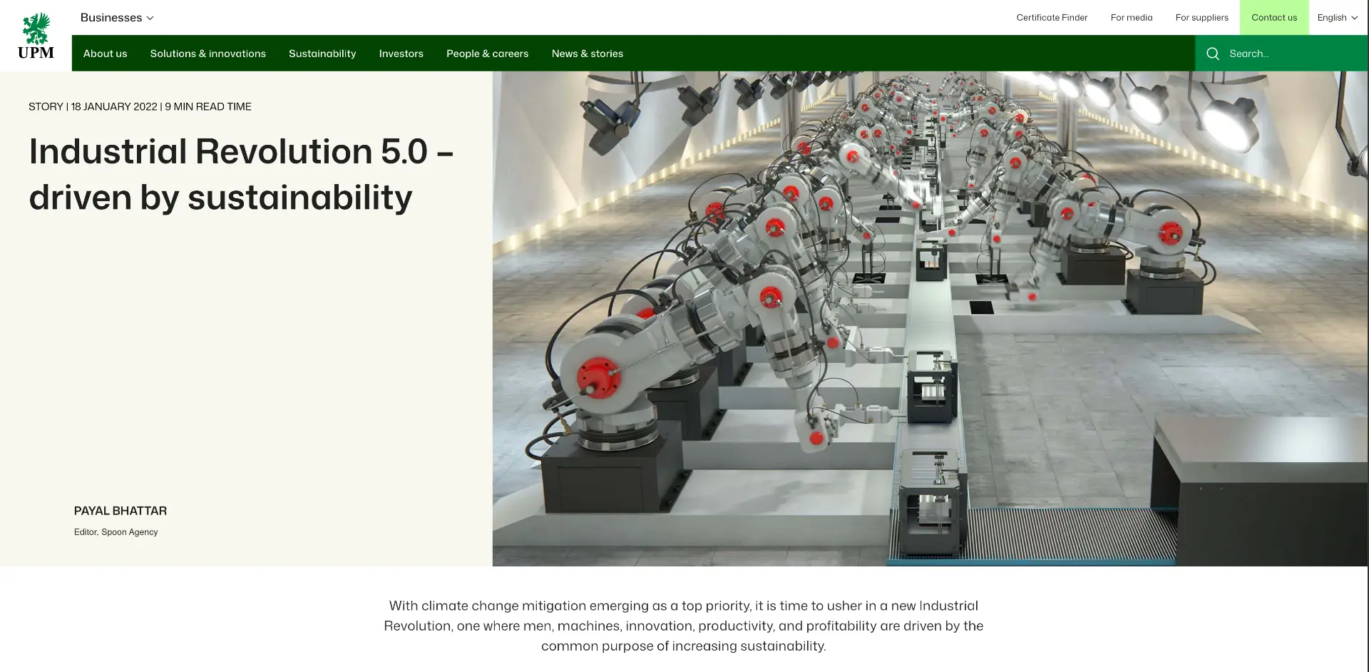 Industrial Revolution 5.0 — driven by sustainability, UPM article header