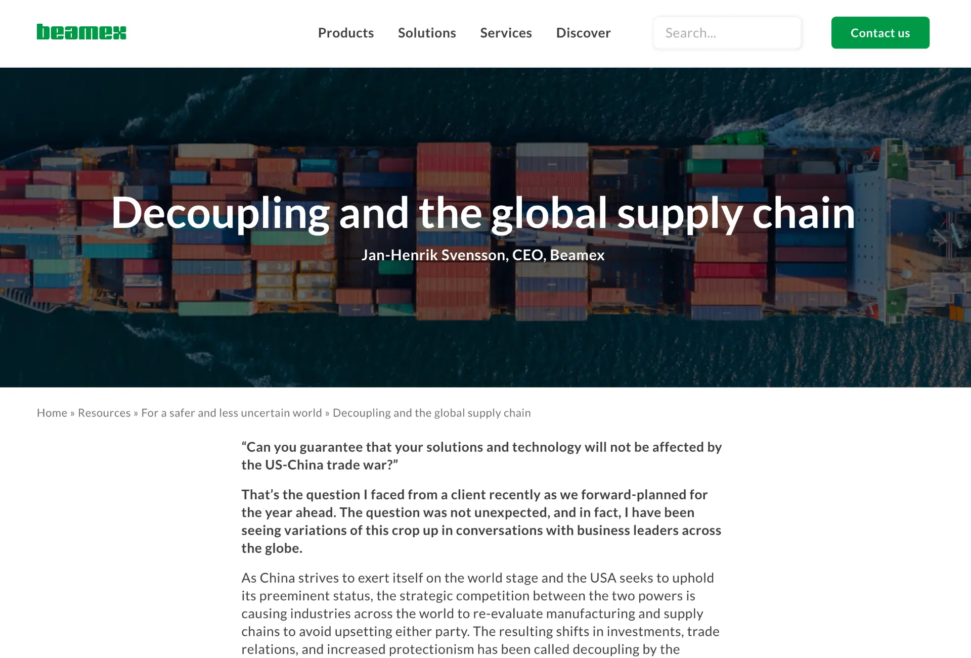 Decoupling and the global supply chain — Beamex opinion article by Jan-Henrik Svensson, CEO
